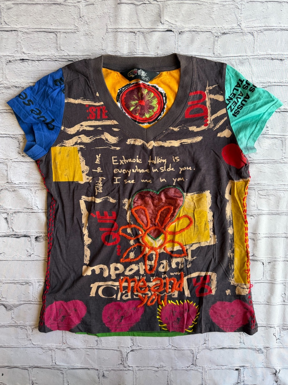 Desigual Colorful Ethnic Boho Hippie T-Shirt V-neck XL Womens Top Y2k All Over